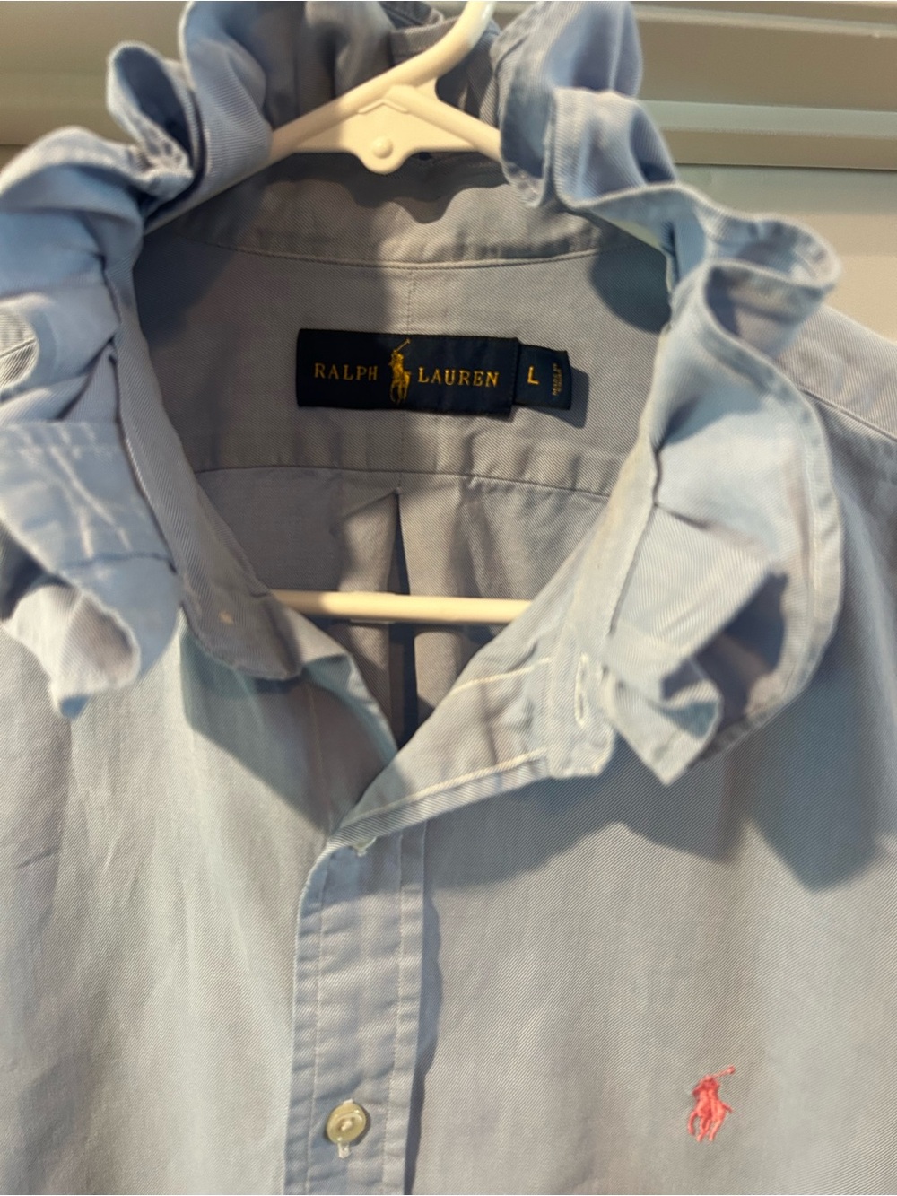 Ralph Lauren Blue Men's Upcycled Button-Down Shirt w/ Pink Pony Ruffled Collar